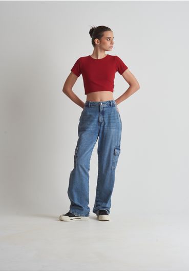 Cropped básico canelado vermelho cereja