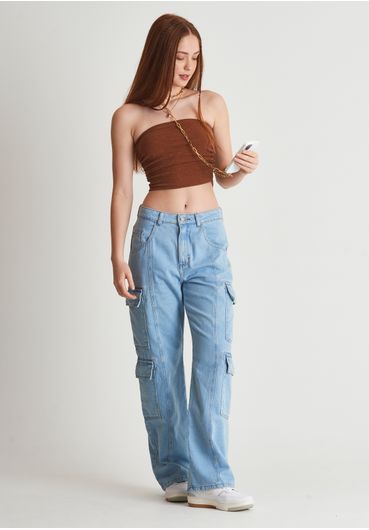 Calça jeans reta  bolsos cargo  duplo