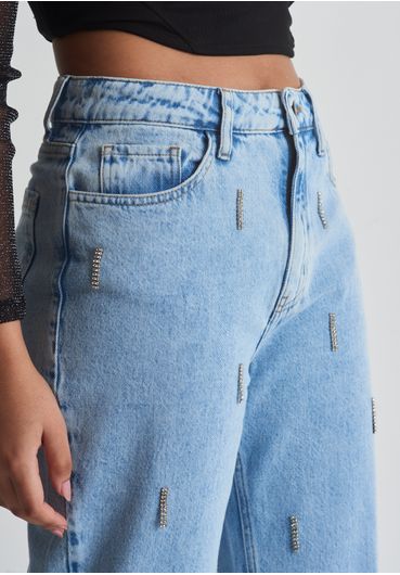 Calça jeans reta strass