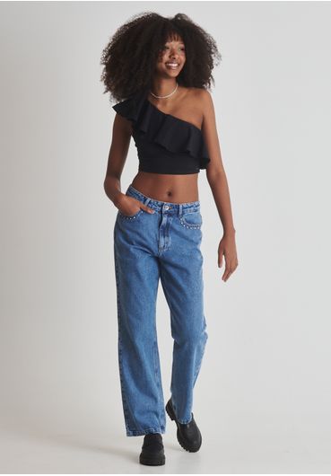 Calça jeans reta brilho cravejado
