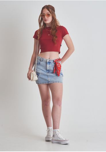 Saia jeans marmorizado bolsos cargo