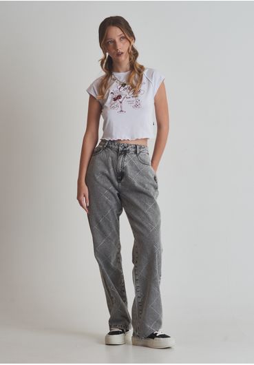 Calça jeans reta cintura alta com brilhos