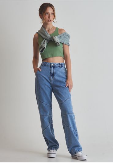 Calça Jeans Cintura Alta com Bordado de Flores