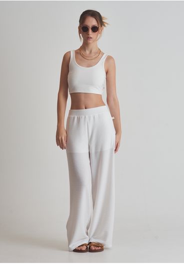 Calça wide leg malha texturizada off white
