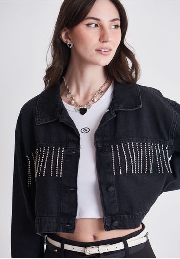 Jaqueta Black Jeans com Franjas de Strass