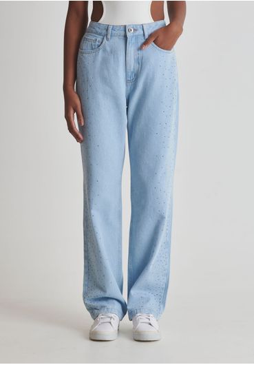 Calça jeans reta hotfix laterais