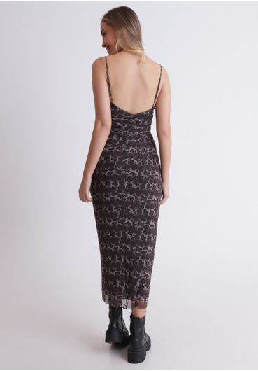 Vestido midi estampado em tule