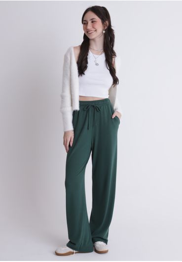 Calça wide leg em malha verde eucalipto
